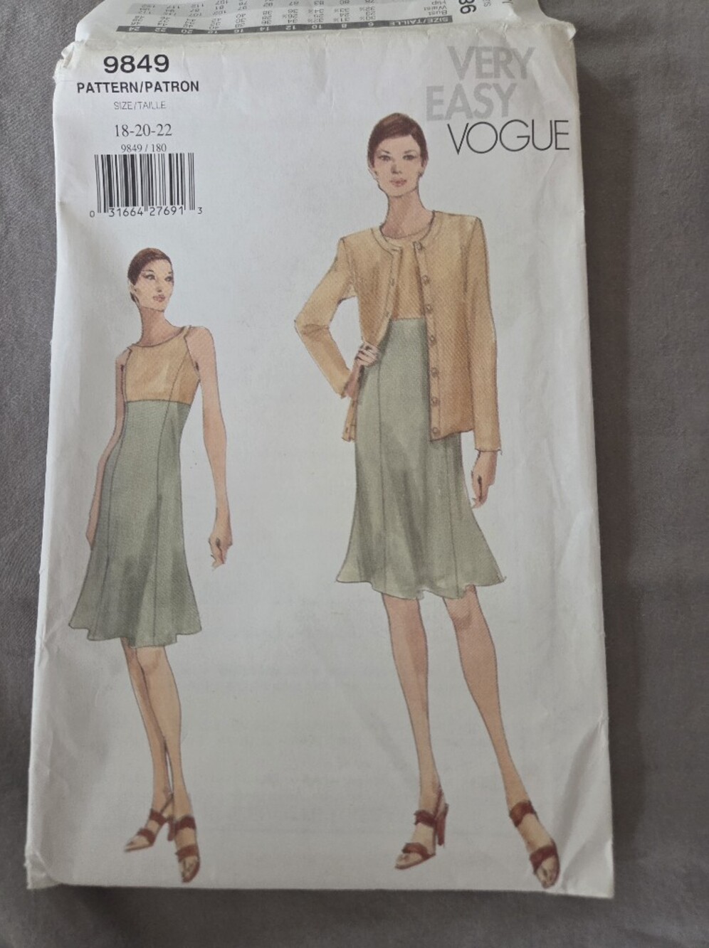 Vogue 9849 Sewing Pattern Size 18-20-22 Misses' Jacket & Dress